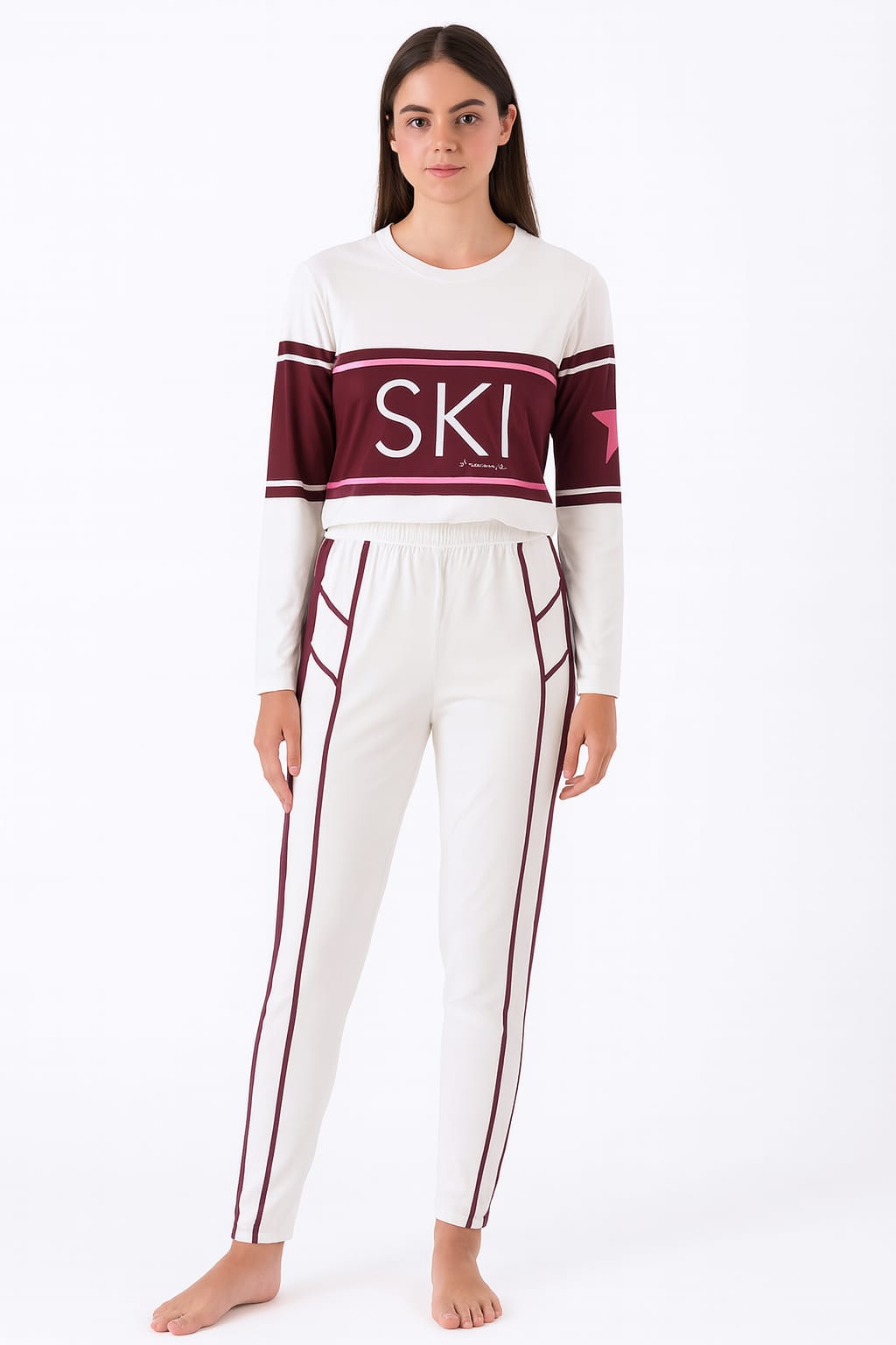 Pijama LUA LUA Slim Ski Dreamers Branco com Detalhes em Vinho e Rosa