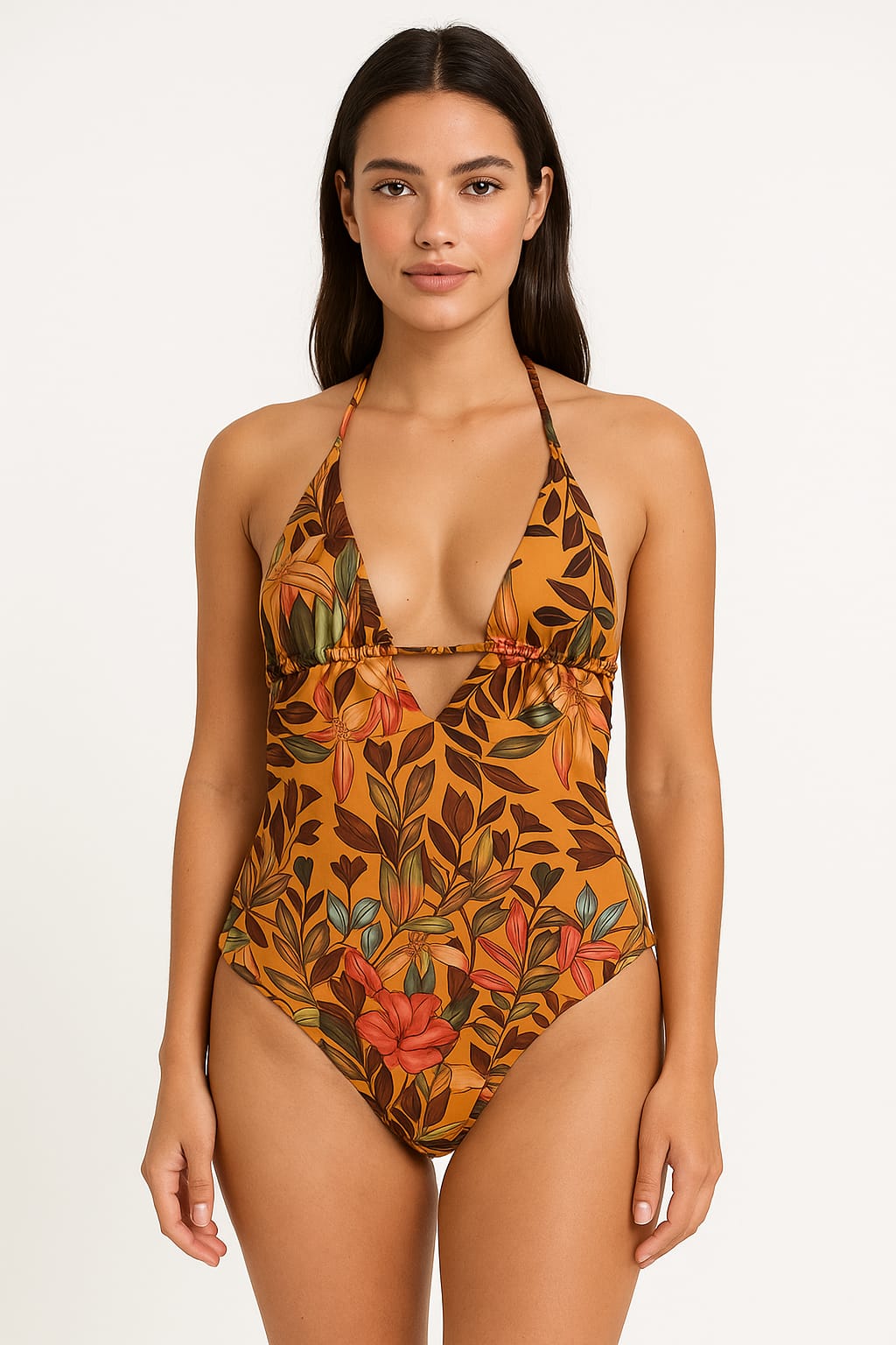 Maiô Floral Mostarda Tropical Decote em V BELLES