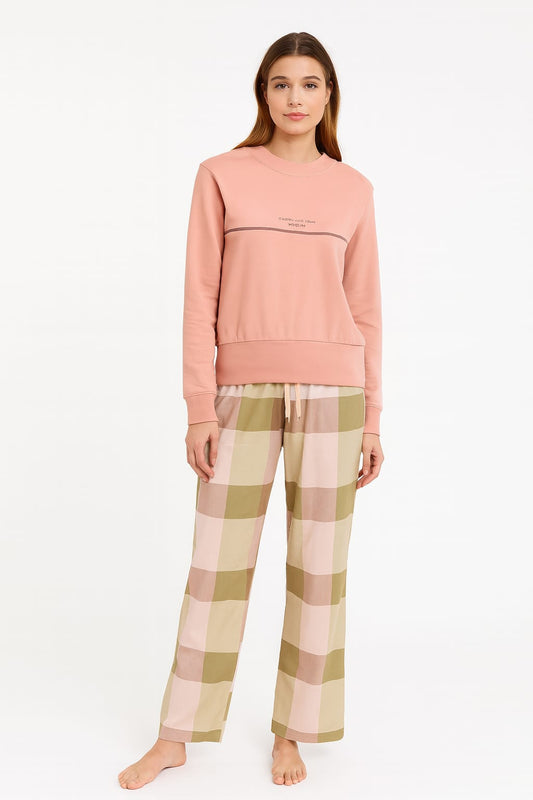 Pijama LUA LUA Comfort Bohemian Rosa Claro com Calça Xadrez