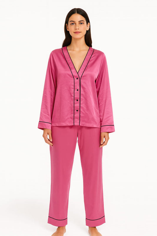 Pijama LUA LUÁ Longo Aberto em Cetim Rosa Vibrante