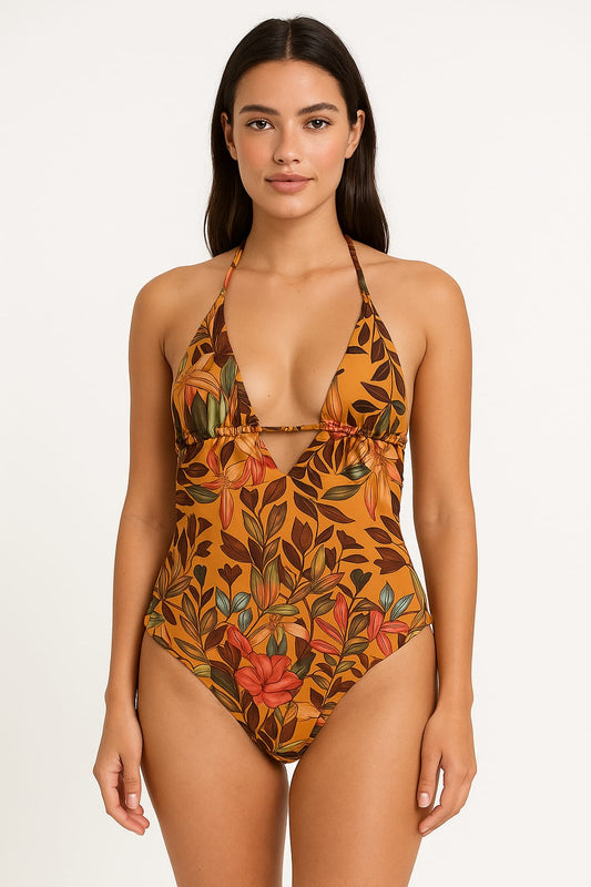 Maiô Floral Mostarda Tropical Decote em V BELLES